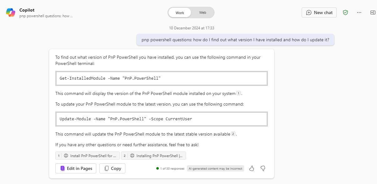 Copilot help - Update PnP Powershell